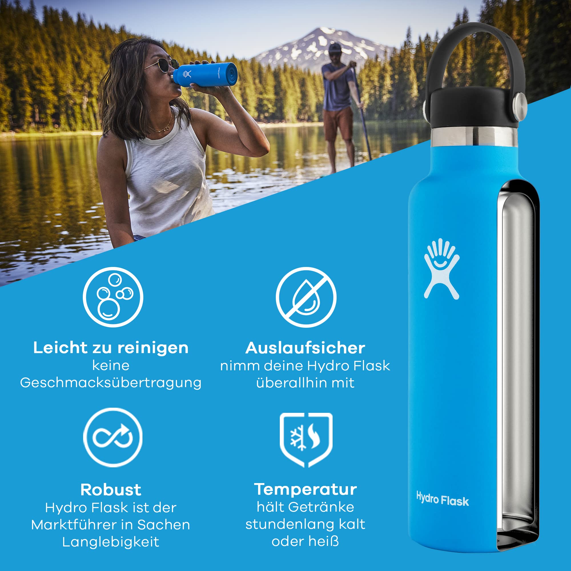 Hydro Flask leak-proof flex cap on the standard mouth for secure carry.
