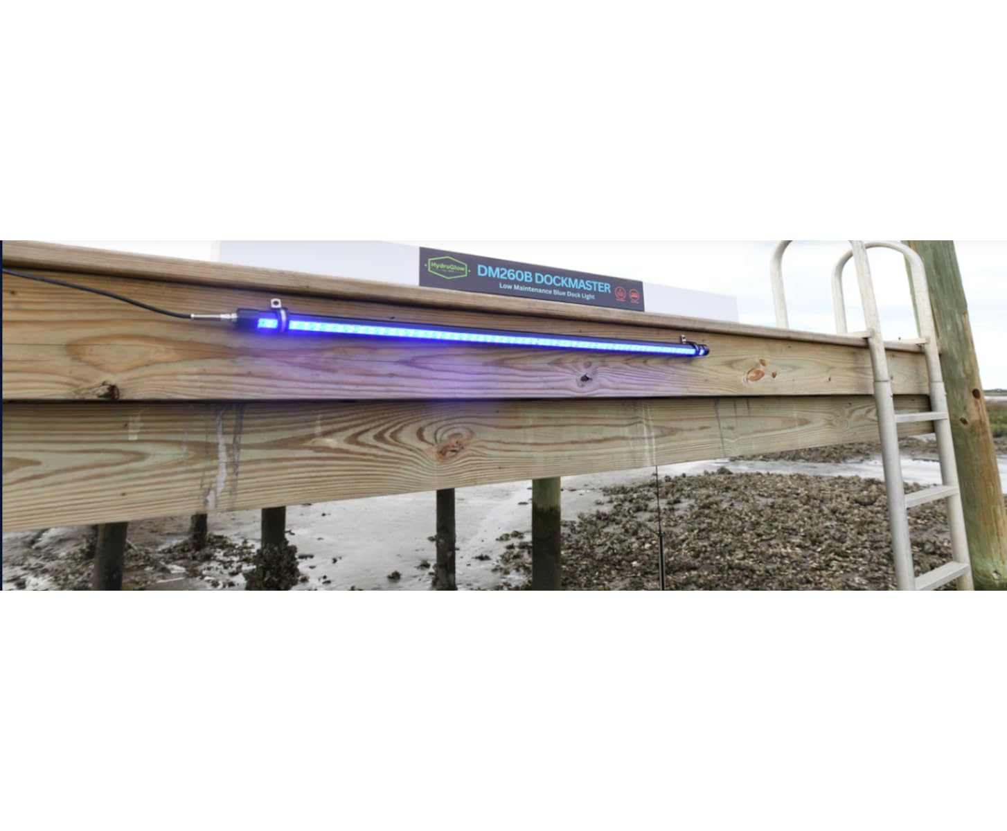 Hydro Glow Dock Master Blue illuminated at night over water
