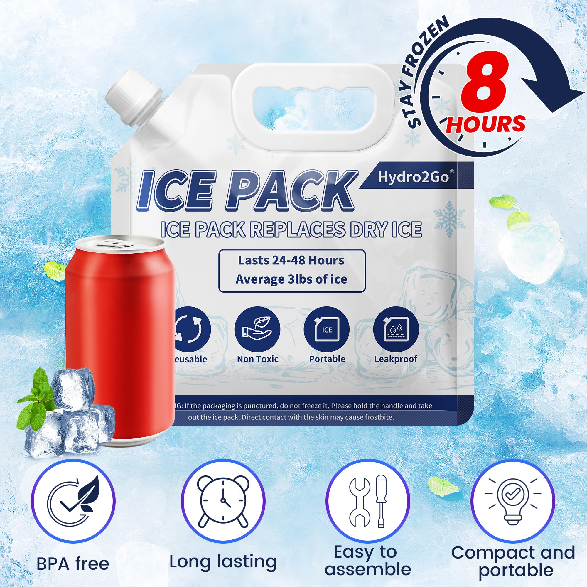 Hydro2Go ice pack close-up showing 9x9 size for cooler fit.