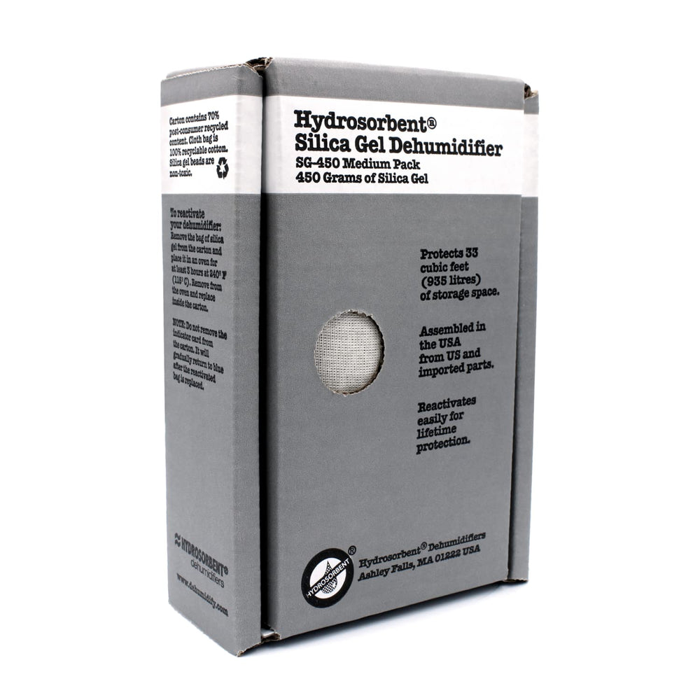HYDROSORBENT SG450 package front view demonstrating reusable desiccant for safes