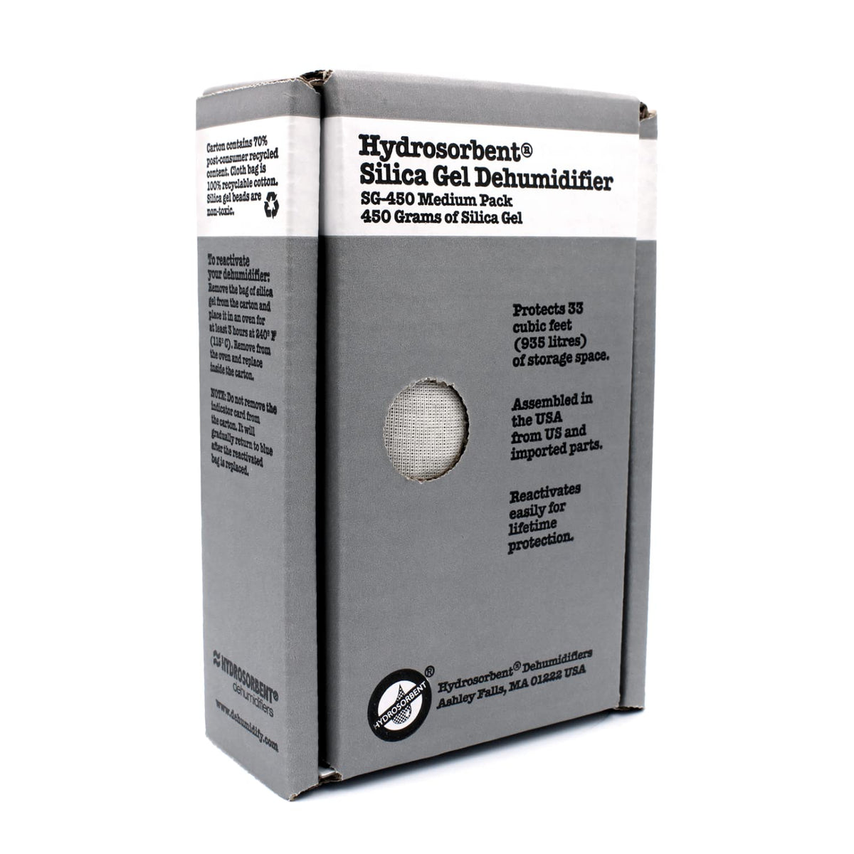 HYDROSORBENT SG450 package front view demonstrating reusable desiccant for safes