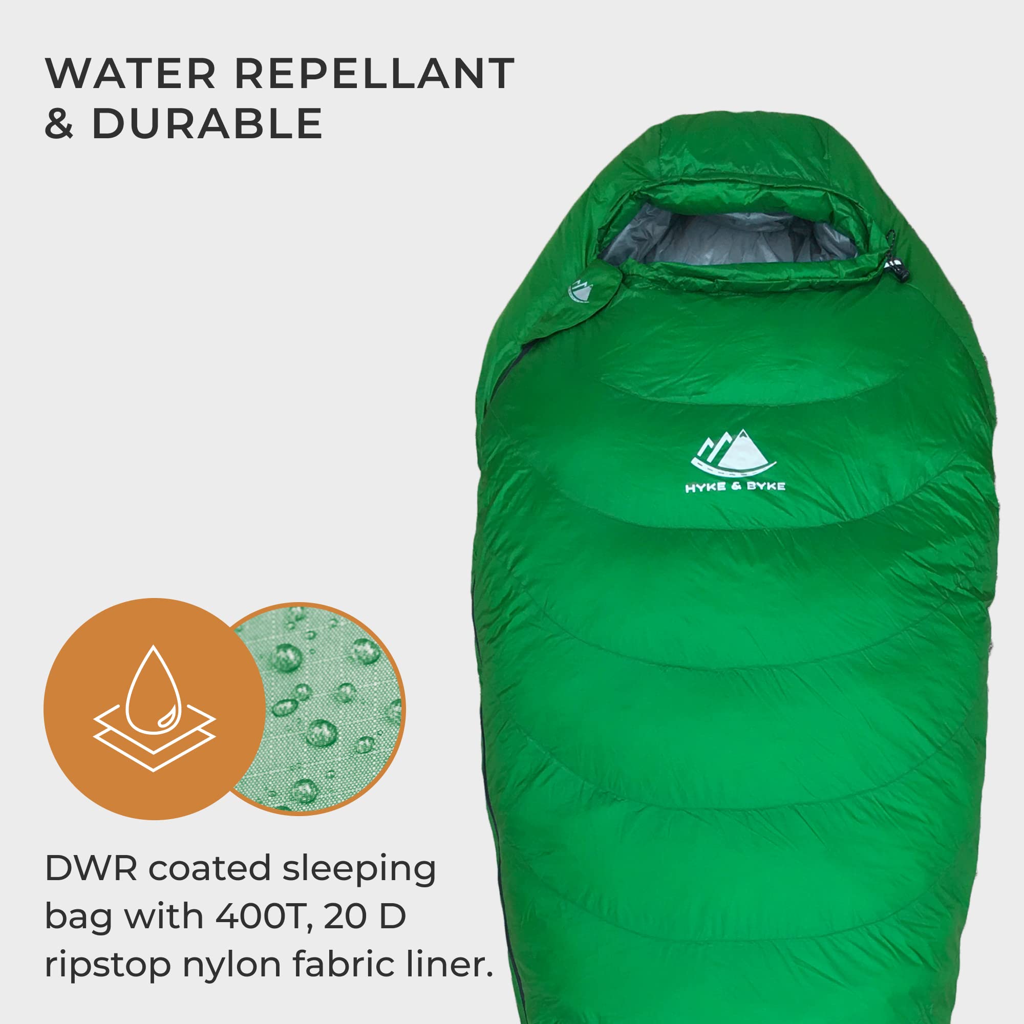 Hyke & Byke Katahdin sleeping bag shows hydrophobic, DWR-treated fabric for wet environments.