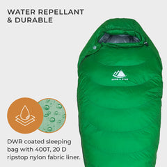 Hyke & Byke Katahdin sleeping bag shows hydrophobic, DWR-treated fabric for wet environments.