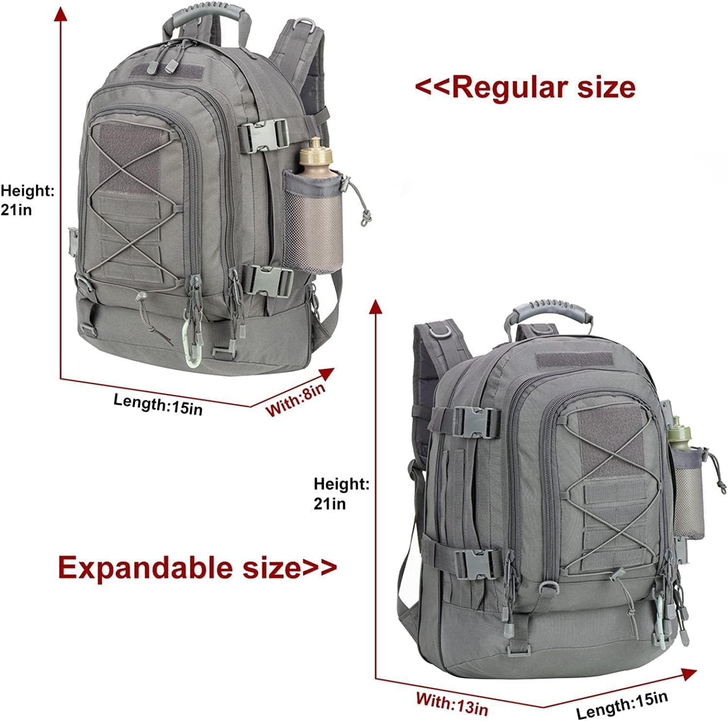 HYKING tactical backpack showing accordion zipper expansion for extra gear.