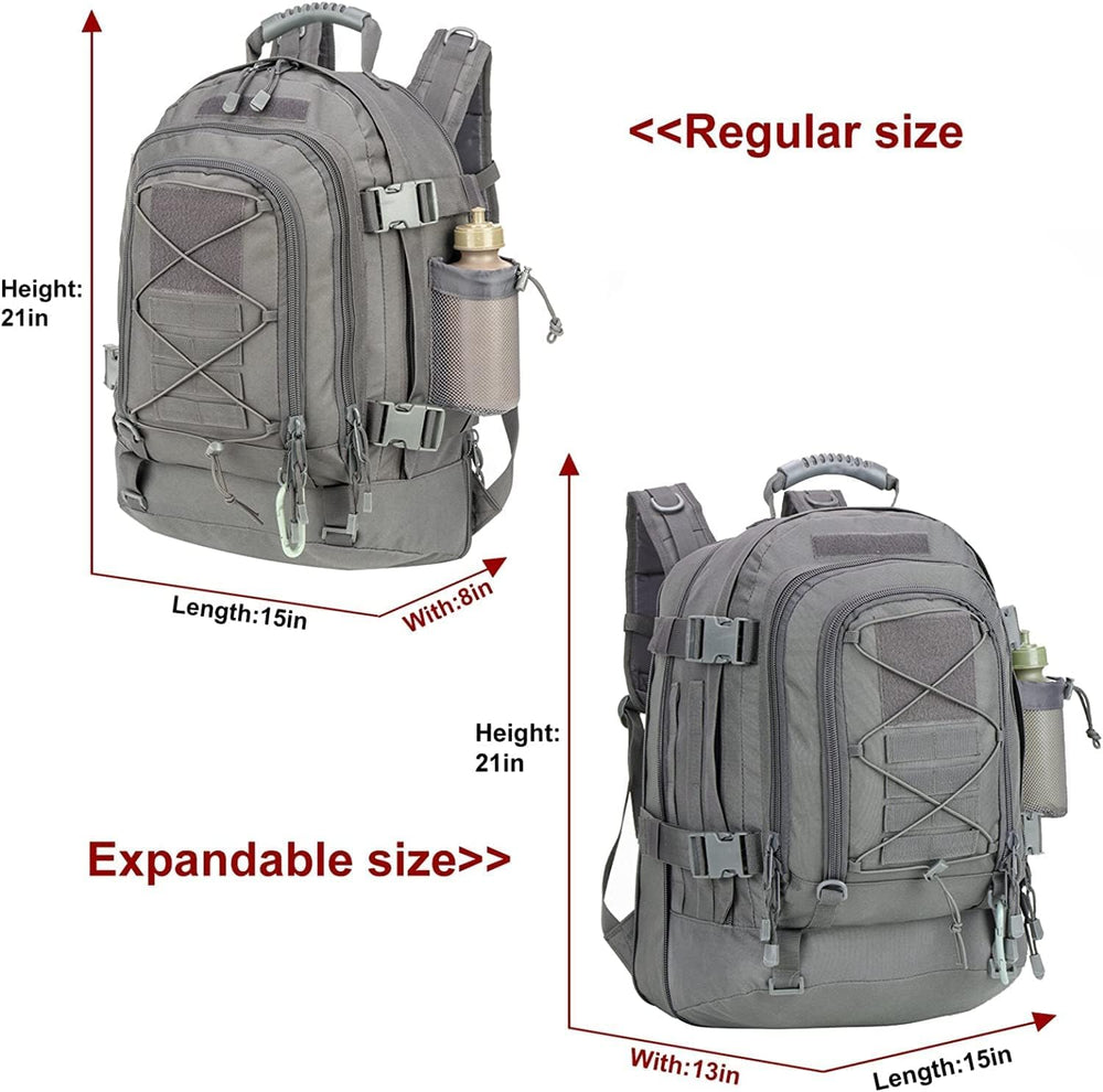 HYKING tactical backpack showing accordion zipper expansion for extra gear.