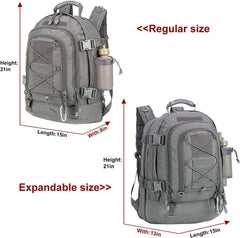 HYKING tactical backpack showing accordion zipper expansion for extra gear.