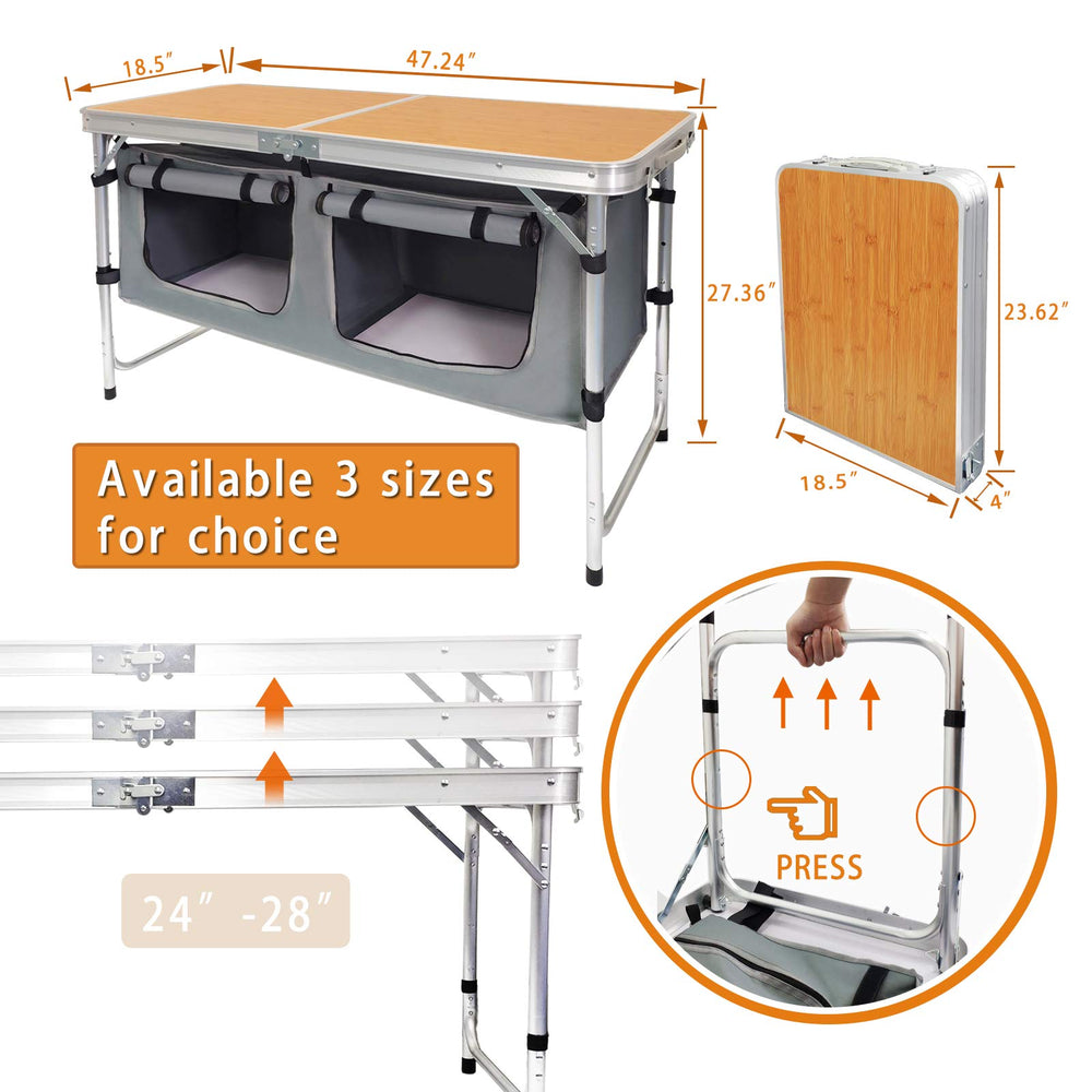 HYMnature folding camping table storage features two large lockers for organized meals.