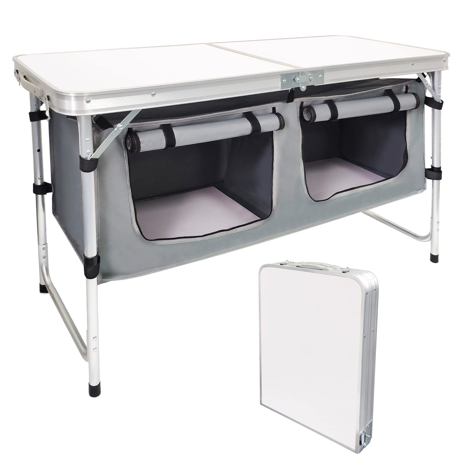 HYMnature folding table open showcases sturdy aluminum frame for outdoor dining and setup.