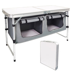 HYMnature folding table open showcases sturdy aluminum frame for outdoor dining and setup.
