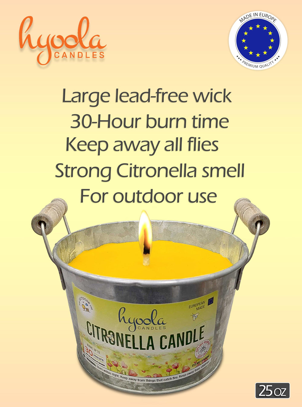 Hyoola 30-hour burn per candle illustrates extended outdoor coverage.