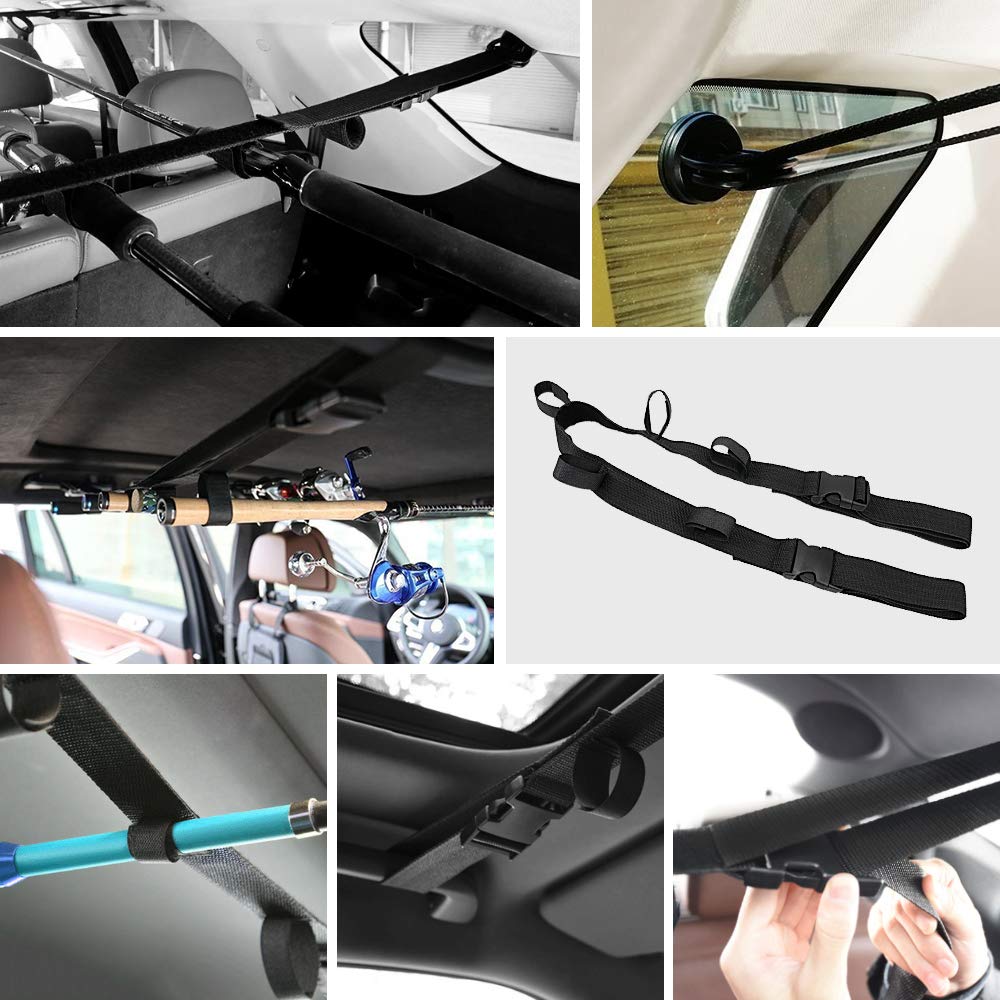 Rod holder strapped securely, keeping gear off the car floor