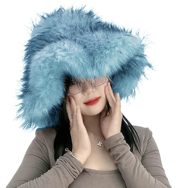 Hzxsny women's furry bucket hat front view shows plush warmth