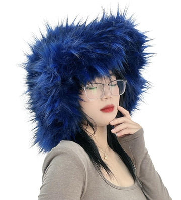 Hzxsny women's furry bucket hat front view shows plush warmth for chilly outdoor walks.
