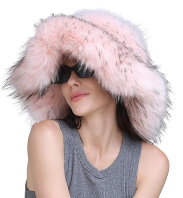Hzxsny women's furry bucket hat in light pink, front view, plush fur warmth.