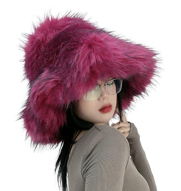 Hzxsny furry bucket hat top view displays fluffy faux fur texture
