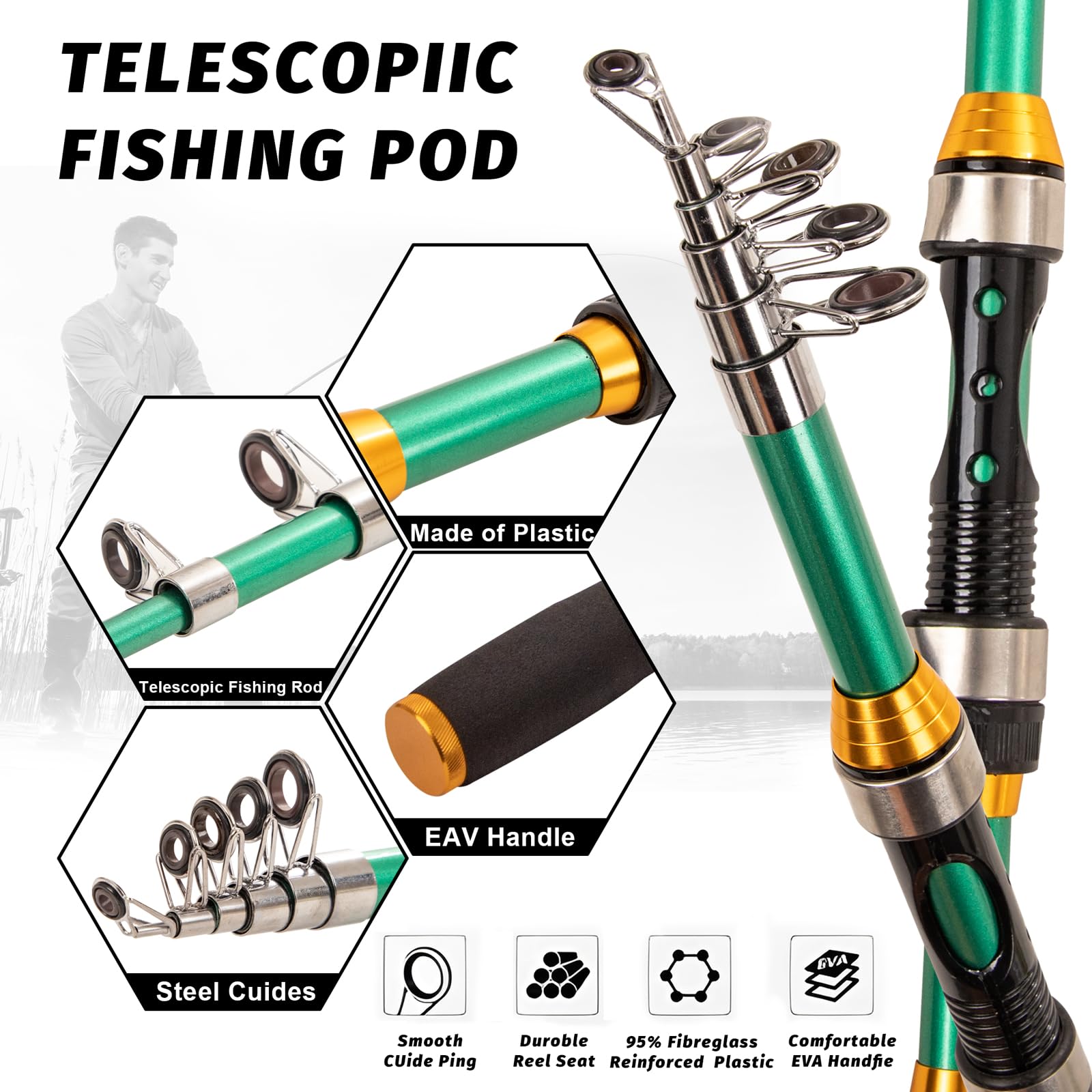 Extended telescopic fiberglass fishing rod for travel