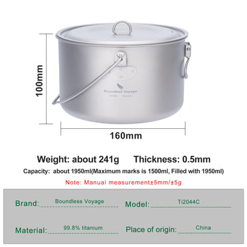 iBasingo 1300ml titanium pot with hanging ring enables stable setup on trails.