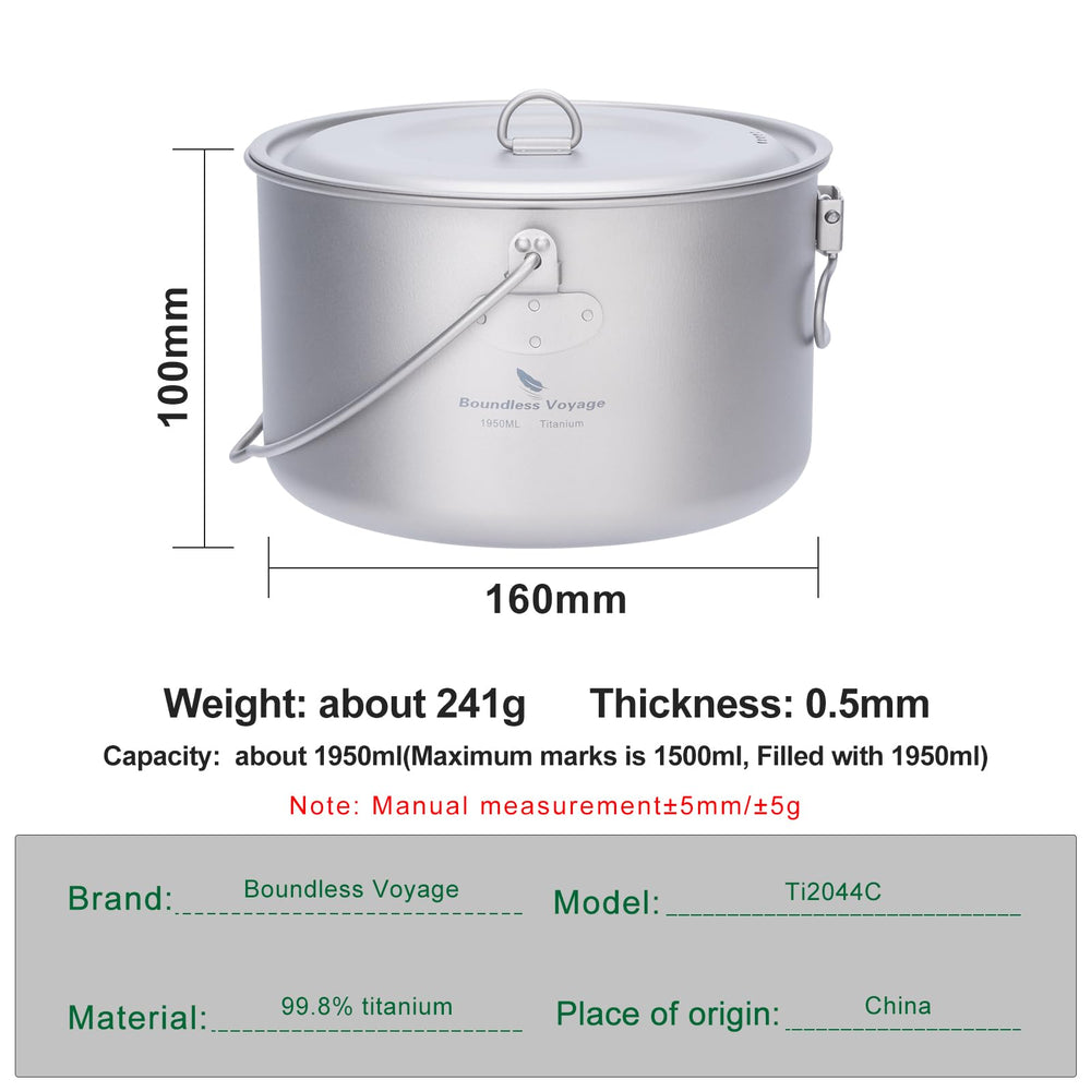 iBasingo 1300ml titanium pot with hanging ring enables stable setup on trails.