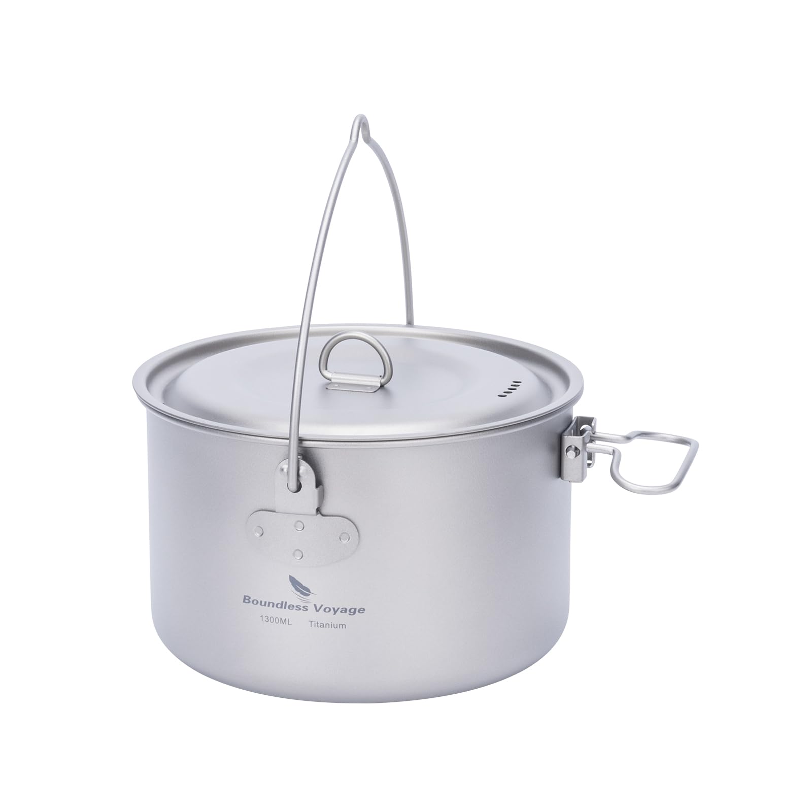 iBasingo 1300ml titanium pot with lid, lightweight for solo camping meals.