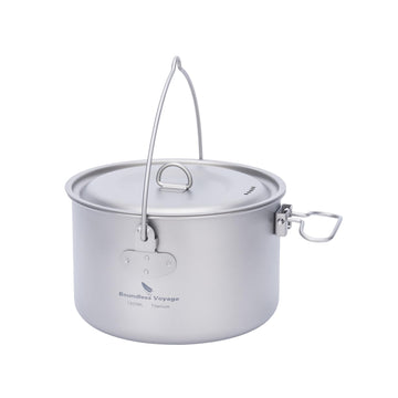 iBasingo 1300ml titanium pot with lid, lightweight for solo camping meals.