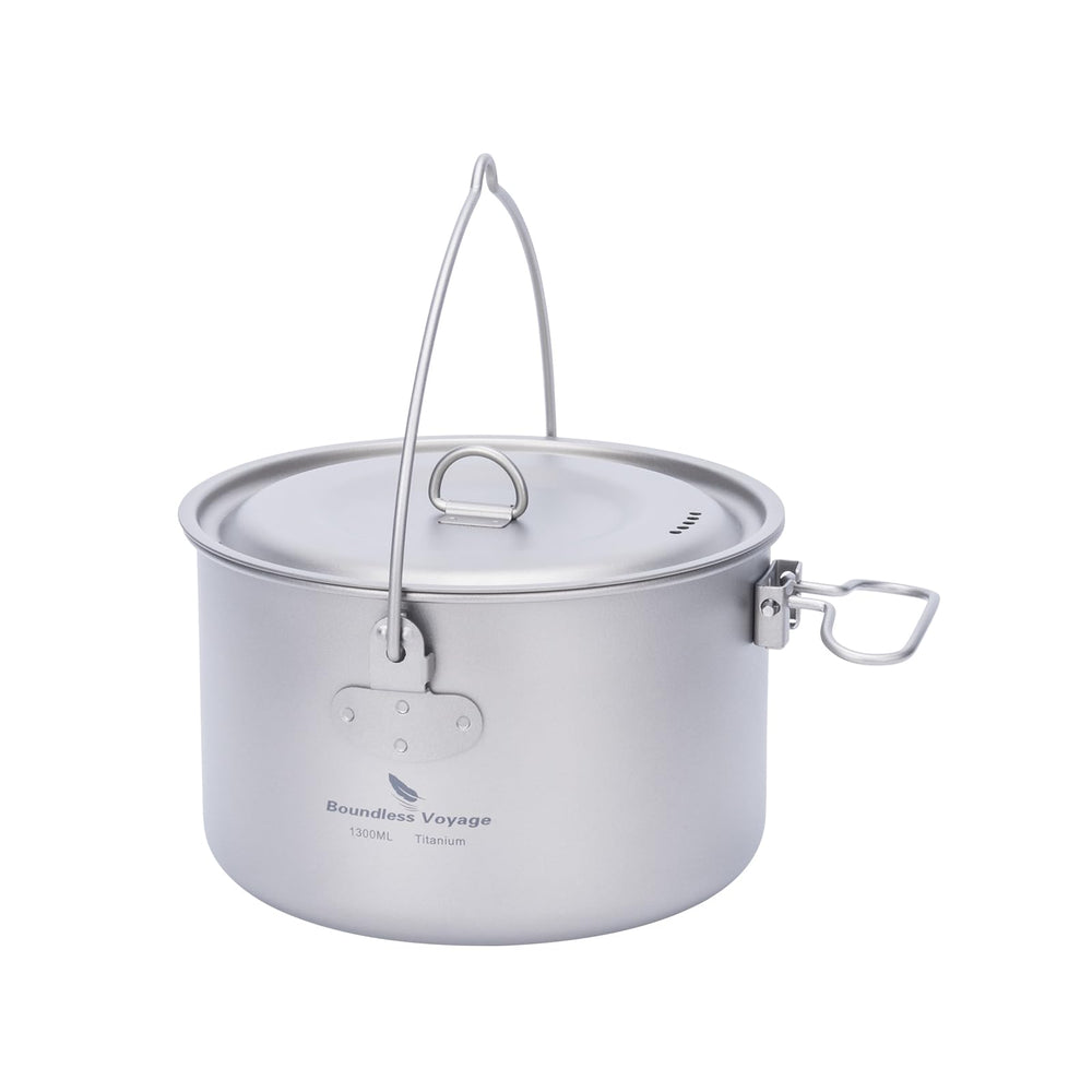 iBasingo 1300ml titanium pot with lid, lightweight for solo camping meals.