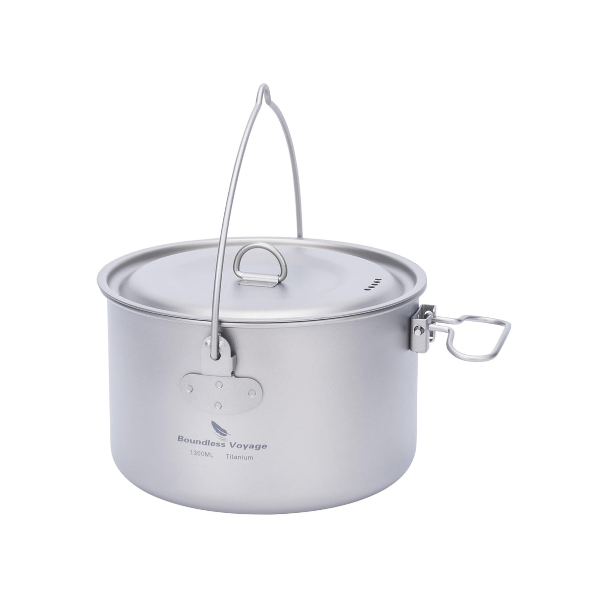 iBasingo 1300ml titanium pot with lid, lightweight for solo camping meals.