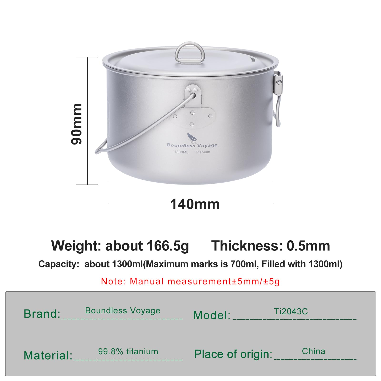 iBasingo 1950ml titanium pot with lid, ideal for small groups outdoors.