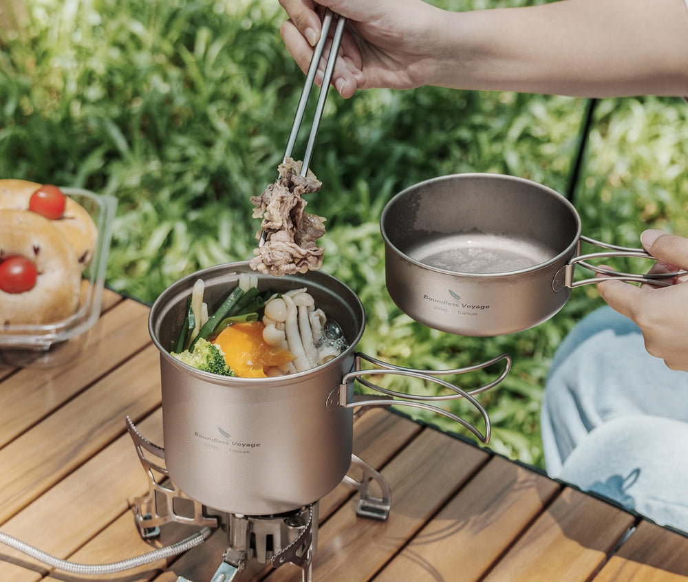 iBasingo titanium camping cookware ready for backpacking adventures