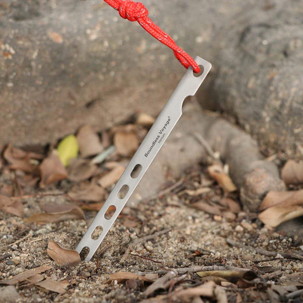 iBasingo titanium tent stakes provide reliable hold on sand and soil.