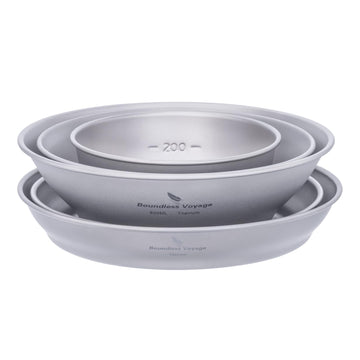 Ibasingo titanium bowls and plates set, backpack-ready for travel and simplicity.