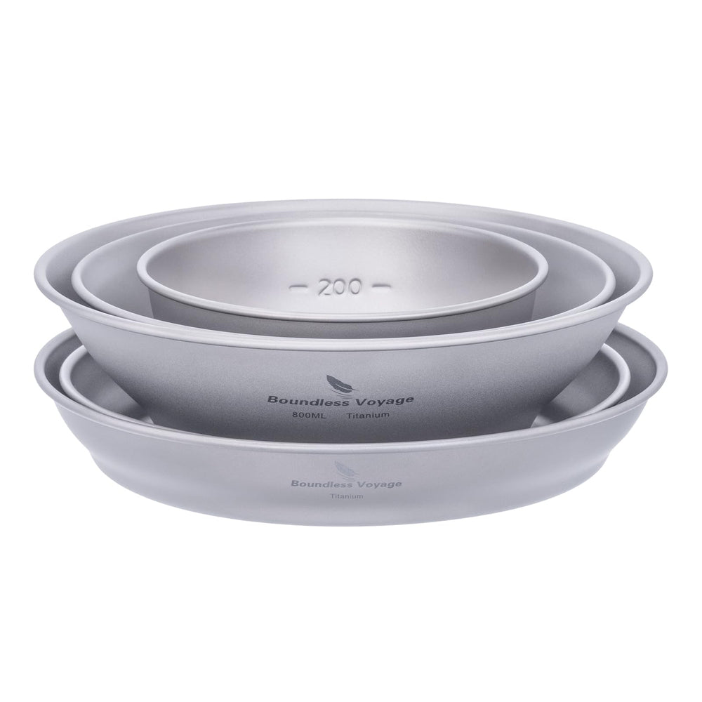 Ibasingo titanium bowls and plates set, backpack-ready for travel and simplicity.