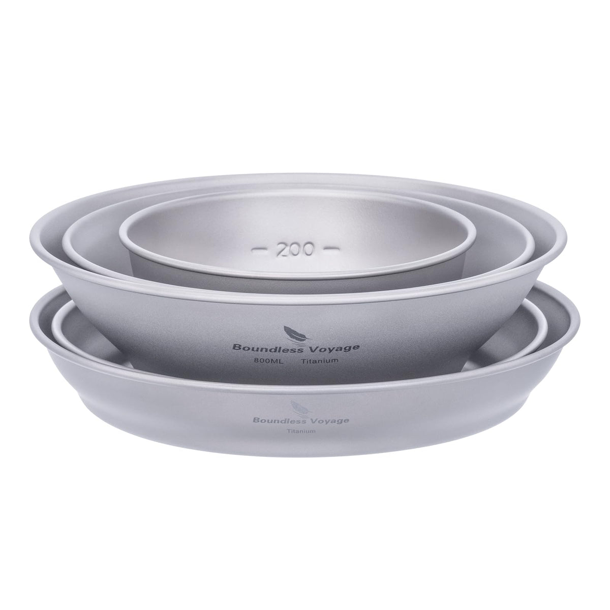 Ibasingo titanium bowls and plates set, backpack-ready for travel and simplicity.