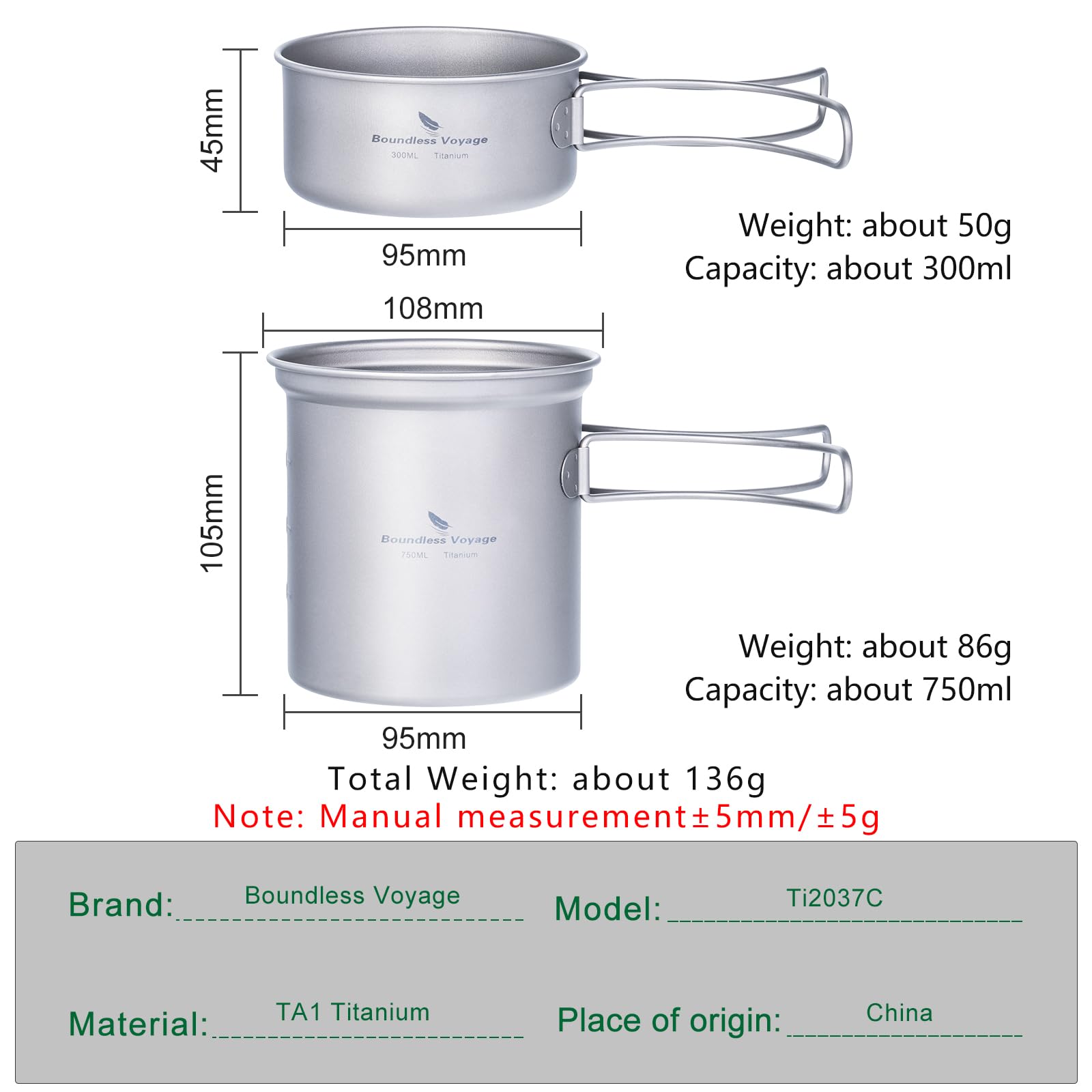 iBasingo titanium pan 300ml with folding handles for compact backpacking meals