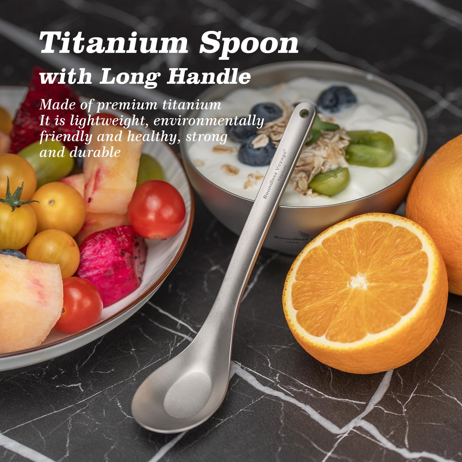 One-piece design of iBasingo titanium spoon for a smooth, crevice-free surface.