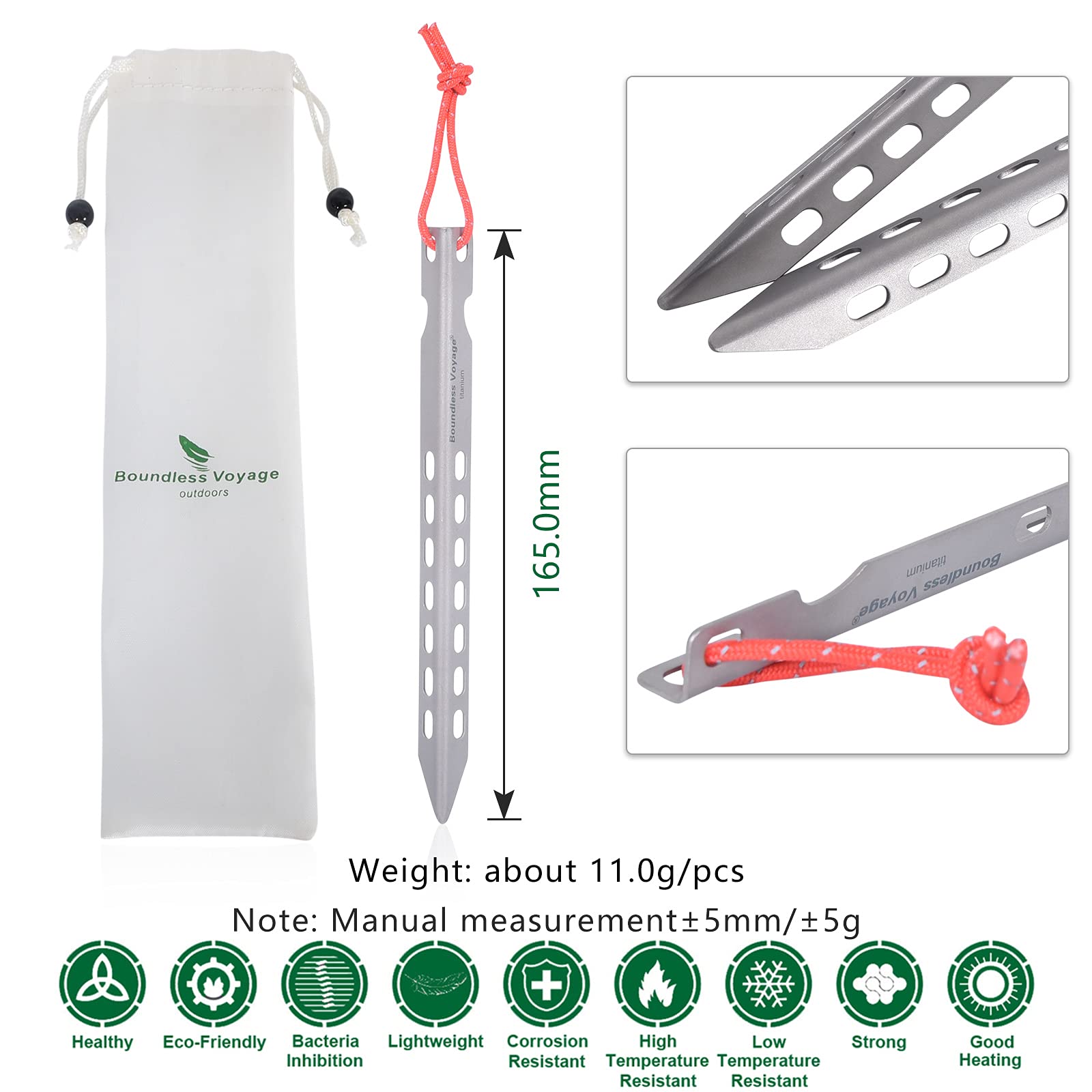 iBasingo ultralight stakes 11.9 g each for easy backpacking and setup.