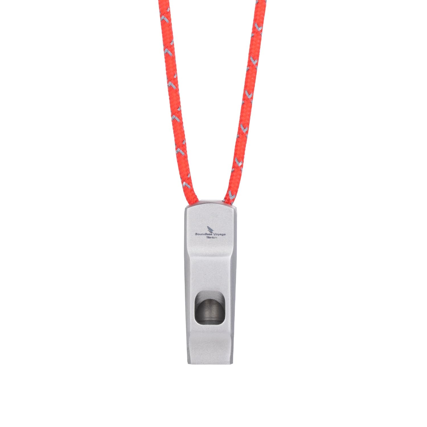 iBasingo titanium whistle close-up showing rugged outdoor craftsmanship.