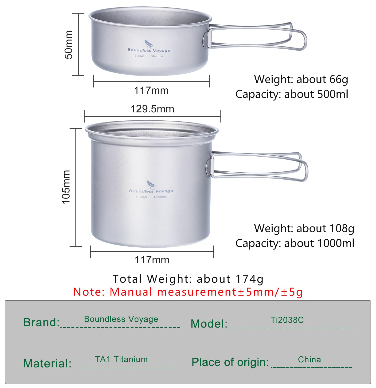 iBasingo ultralight Ti2038C 500ml pot for boiling water at camp