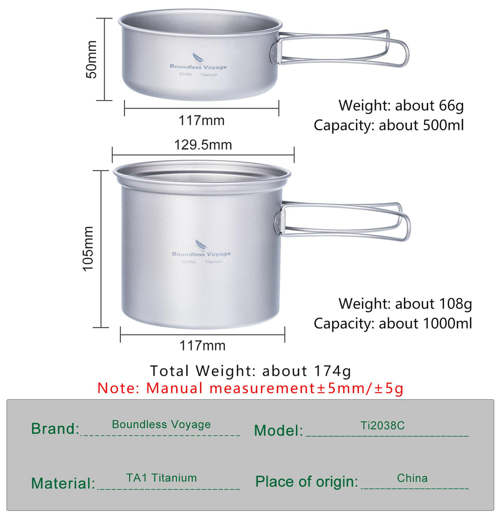 iBasingo ultralight Ti2038C 500ml pot for boiling water at camp