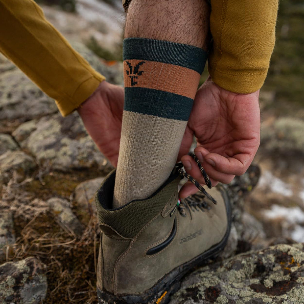 IBEX Merino Wool Traverse Socks with arch support on Green Gables trail.