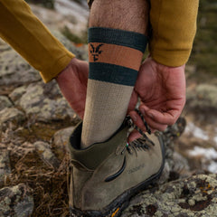 IBEX Merino Wool Traverse Socks with arch support on Green Gables trail.