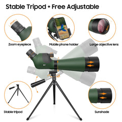 IBQ spotting scope with phone adapter for quick image sharing.