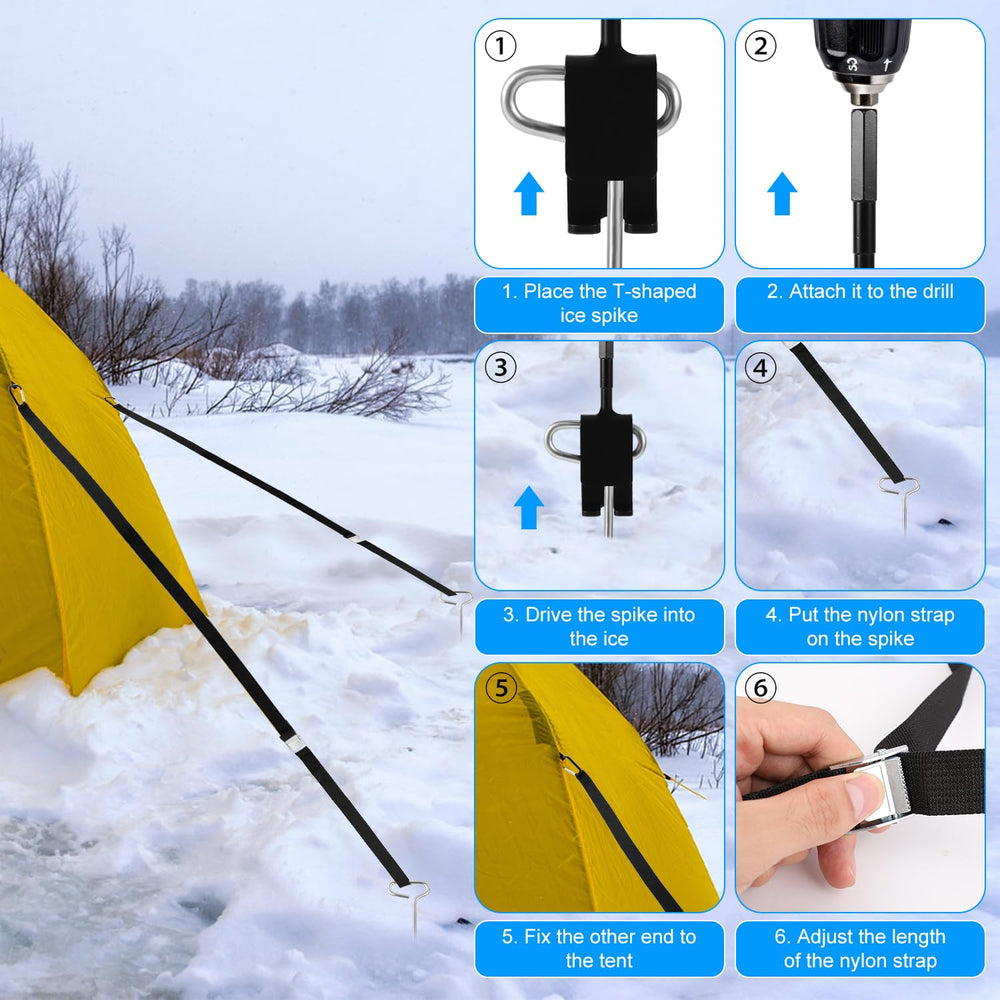 T-shaped ice fishing tent stake inserted into adapter