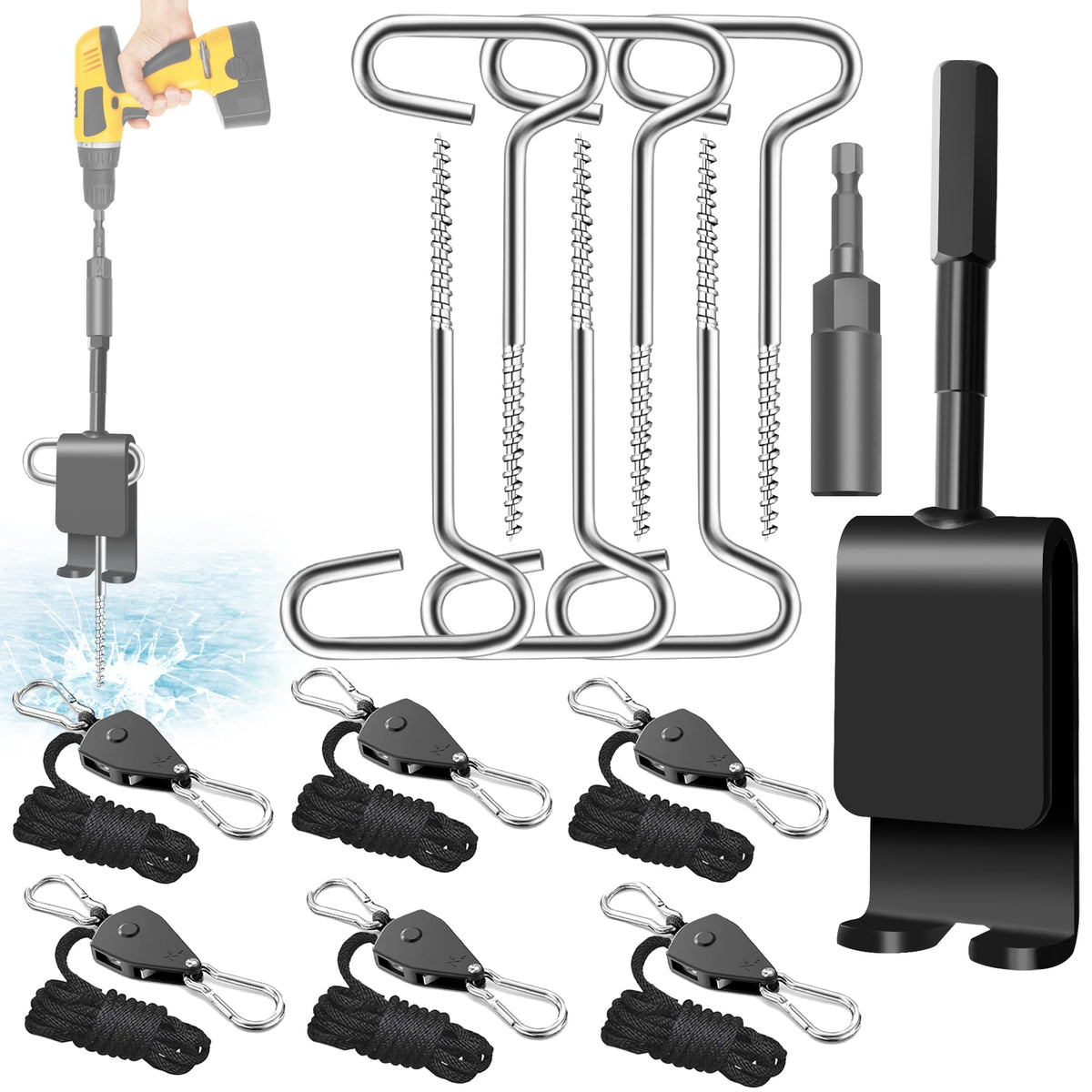 14 piece ice anchor tool kit with universal drill adapter