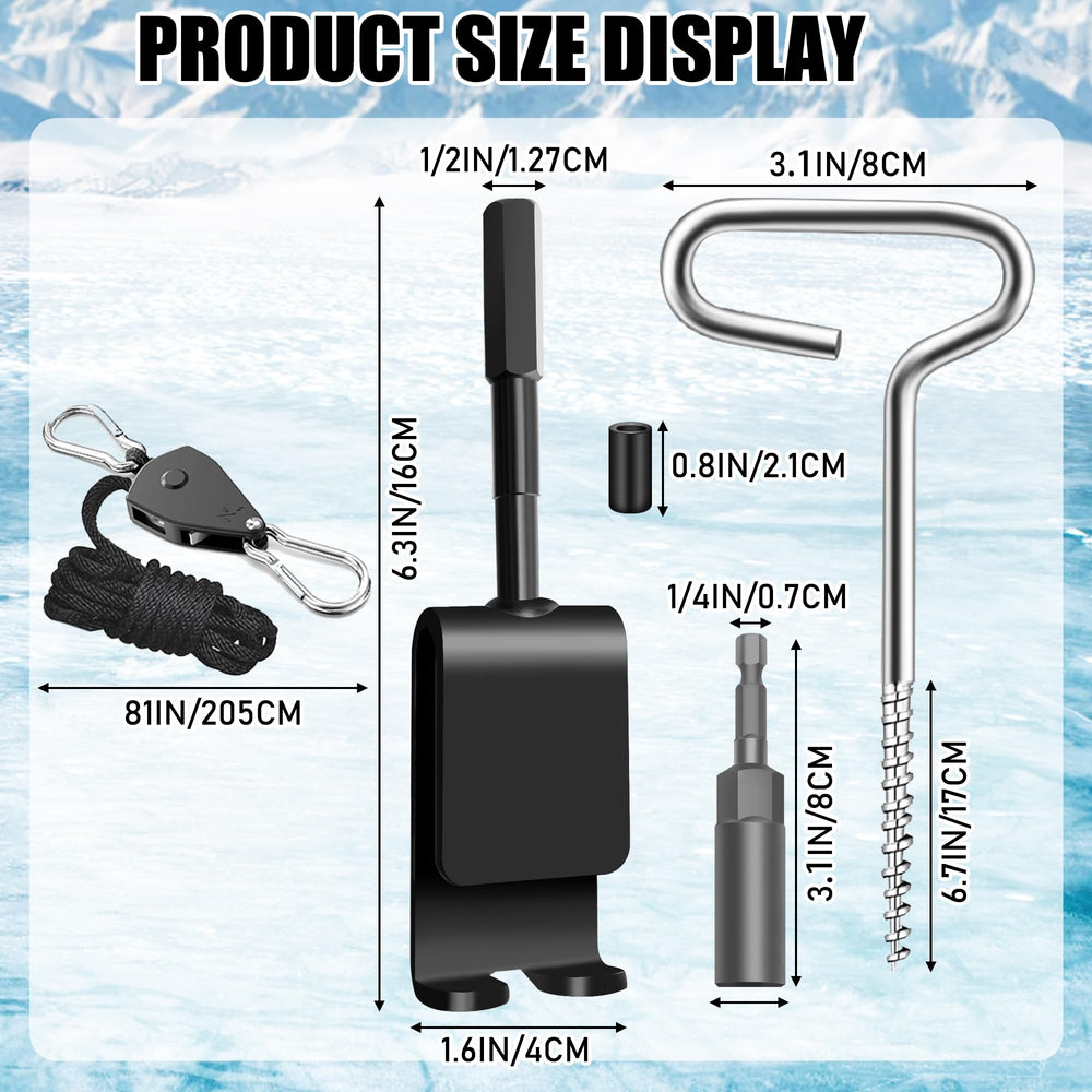 All tools laid out for ice fishing tent setup