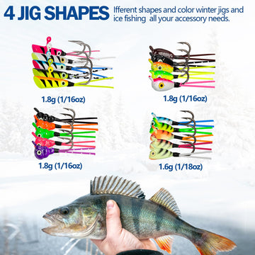 Assorted painted ice fishing jigs showing vibrant colors