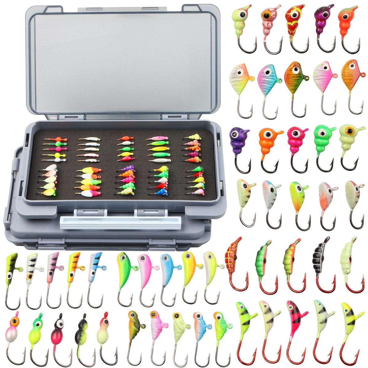 Two tackle boxes with ice fishing jigs