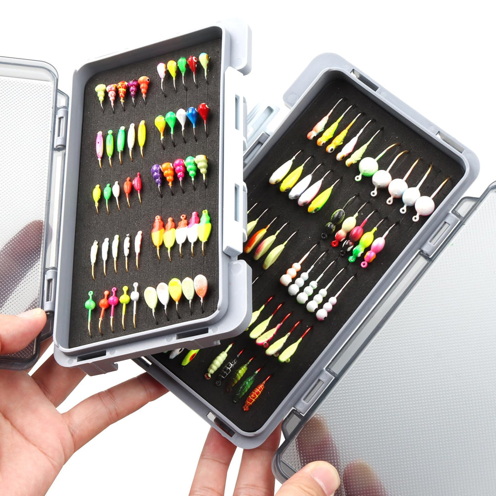 Sturdy plastic storage case for ice fishing jigs