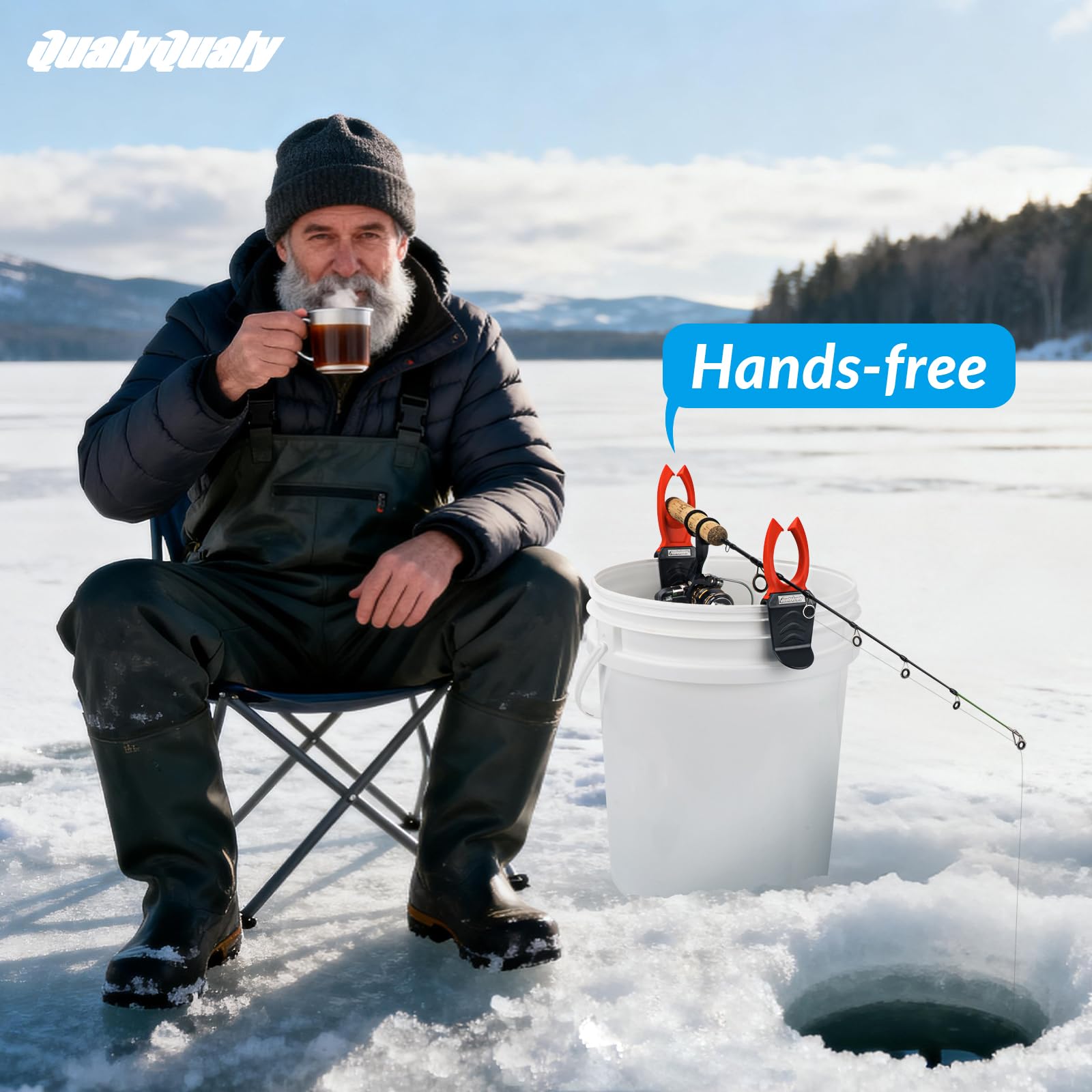 Close-up of dual-height clip-on rod holders for ice fishing