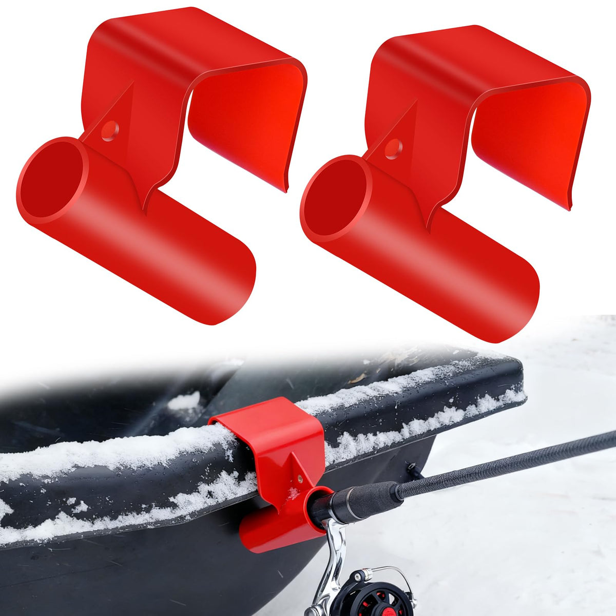 Red 2-pack plastic ice fishing sled rod holder mounted on a bucket