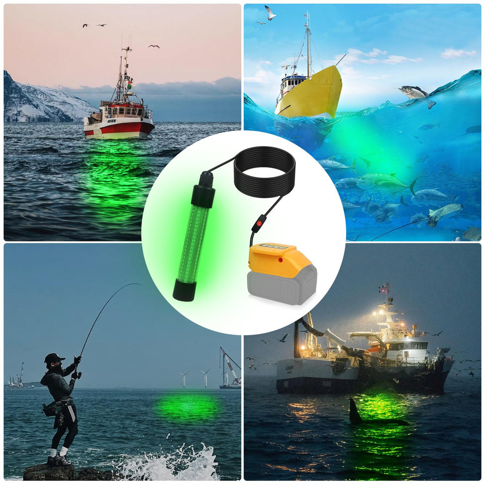 Ice fishing setup with underwater LED light mounted on boat or dock